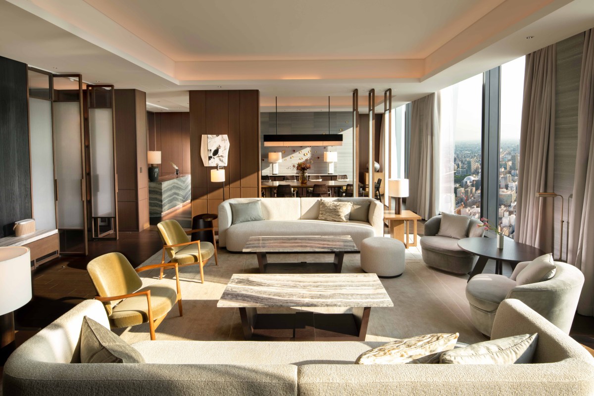 Conrad Suite living room with skyline views at Conrad Nagoya