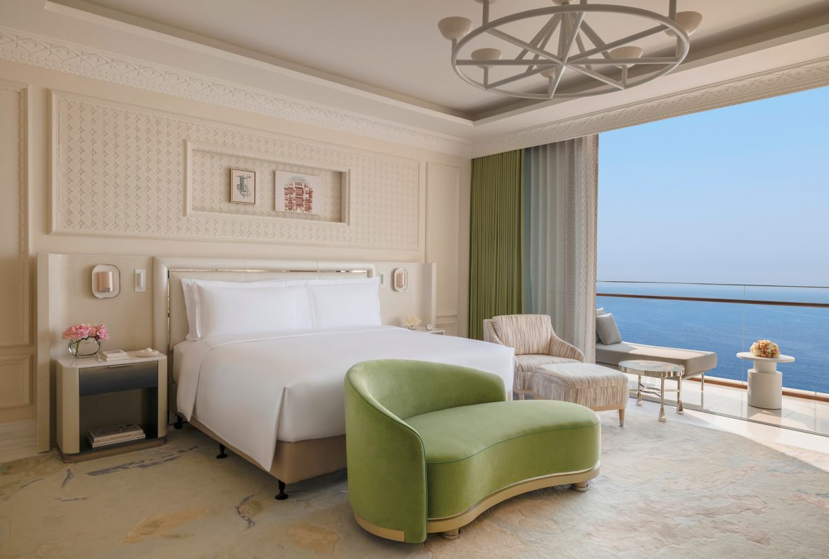 Raffles Jeddah guest room with a private terrace and Red Sea view