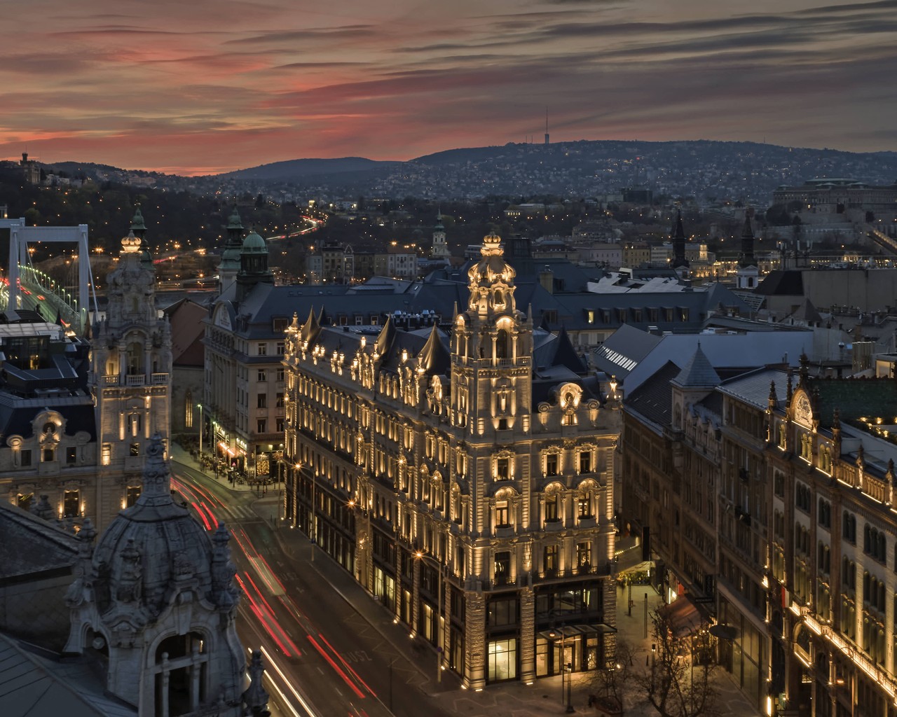 Klotild Palace illuminated at night, home to The St. Regis Budapest