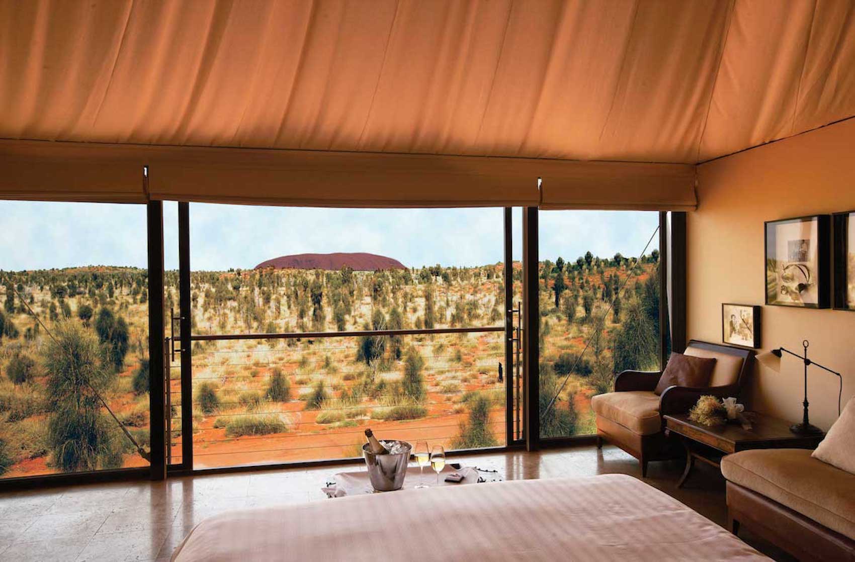 Luxury tent framing Uluru at Longitude 131